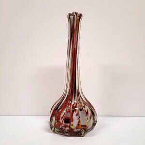Vintage Hand Blown Art Glass Vase Ribbed Swirl Reddish Orange Vanilla White